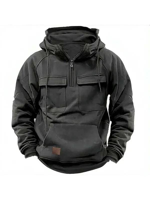 Men's solid color hooded sports multi-pocket sweatshirt jacket - MENLL